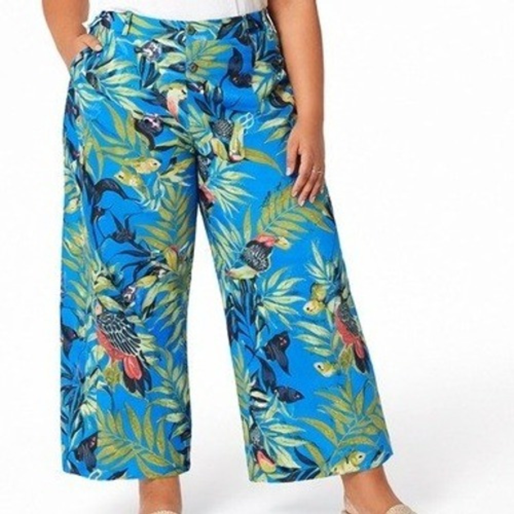 Maeve Anthropologie The Colette Wide Leg Pants Blue Tropical Parrot Print 14